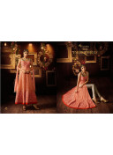 PeachOrange Net Silk Heavy Embroidered Indian Wedding Party Wear Anarkali Suit at Zikimo