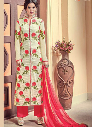Cream Red5611 Georgette Embroidered Party Wear Straight Suit at Zikimo