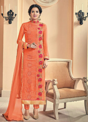 CarrotOrange5613 Georgette Embroidered Party Wear Straight Suit at Zikimo