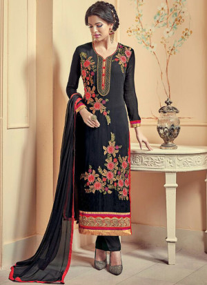 Black5614 Georgette Embroidered Party Wear Straight Suit at Zikimo