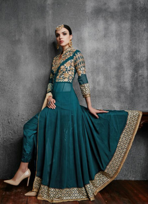 Green11003A Georegtte Floor Length Party Wear Embroidered Suit at ZIkimo