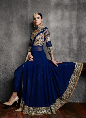 Blue11003B Georegtte Floor Length Party Wear Embroidered Suit at ZIkimo
