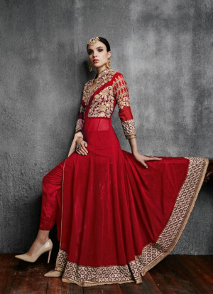 Red11003CGeoregtte Floor Length Party Wear Embroidered Suit at ZIkimo