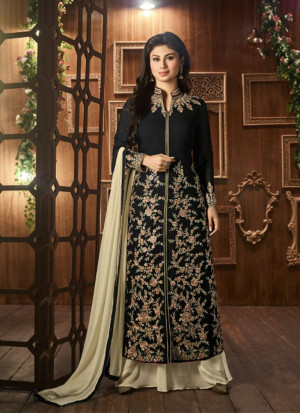 Mony Roy Black12021 Georgette Embroidered Straight Long Plazzo Suit at Zikimo