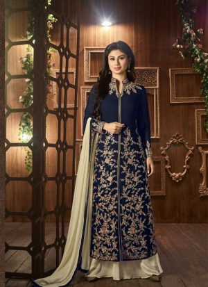 Mony Roy Blue12022 Georgette Embroidered Straight Long Plazzo Suit at Zikimo