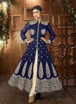 Mony Roy Blue12025 Georgette Embroidered Straight Ankel Length Suit at Zikimo