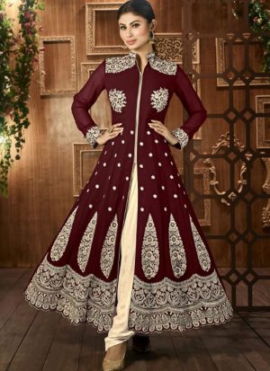 Mony Roy Brown12026 Georgette Embroidered Straight Ankel Length Suit at Zikimo