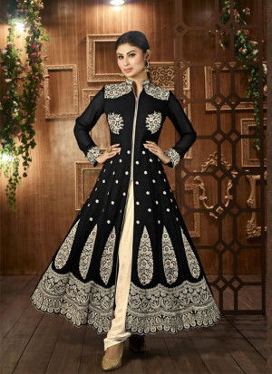 Mony Roy Black12028 Georgette Embroidered Straight Ankel Length Suit at Zikimo