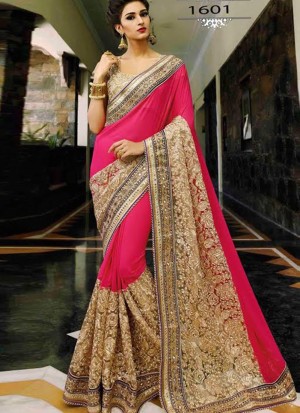 Pink Biege1601 Georgette Net Party Wear Indian Wedding Saree at Zikimo