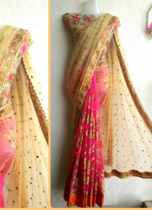 PinkBiege1616 Net Party Wear Indian Wedding Saree at Zikimo