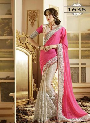 Pink Offwhite1636 Chinon Lycra Party Wear Indian Wedding Saree at Zikimo