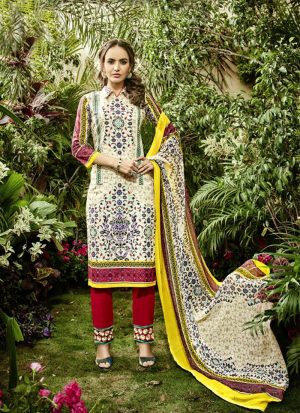Cream and Maroon7001 Printed Cambric Cotton Pakistani Indian Suit at Zikimo