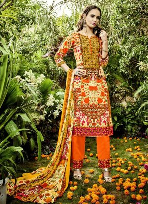 Beige and Orange7002 Printed Cambric Cotton Pakistani Indian Suit at Zikimo
