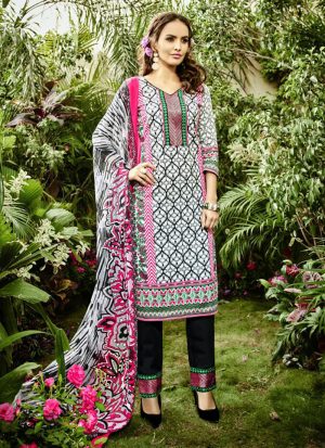 White and Black7003 Printed Cambric Cotton Pakistani Indian Suit at Zikimo