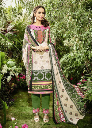 Ivory and OliveGreen7006 Printed Cambric Cotton Pakistani Indian Suit at Zikimo