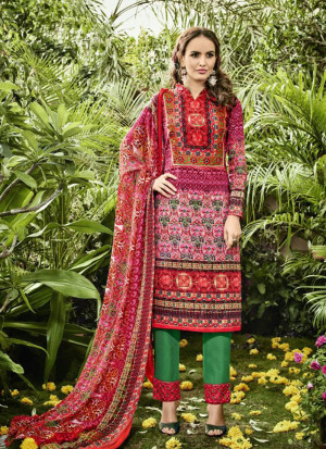 Red and Multicolor7009 Printed Cambric Cotton Pakistani Indian Suit at Zikimo