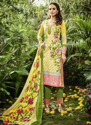 Yellow and Multicolor7010 Printed Cambric Cotton Pakistani Indian Suit at Zikimo