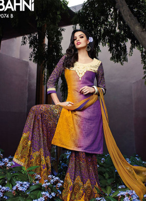 Purple and TurmericYellow9074B Cotton Satin Jinaam Party Wear Plazzo Suit at Zikimo