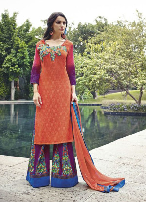 Orange and Purple9076B Cotton Satin Jinaam Party Wear Plazzo Suit at Zikimo