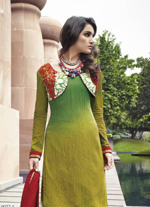 Green and Red9077A Cotton Satin Jinaam Party Wear Plazzo Suit at Zikimo