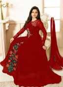 Georgette Net Flaired Red Party Wear Anarkali Suit At Zikimo