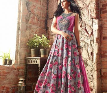GreyPink FloralPrint3402 Embroidered Banarasi Silk PartyWear Anarkali Suit at ZIkimo 1 GreyPink FloralPrint3402 Embroidered Banarasi Silk PartyWear Anarkali Suit at ZIkimo