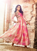 Pink Multicolor FloralPrint3404 Embroidered Banarasi Silk PartyWear Anarkali Suit at ZIkimo