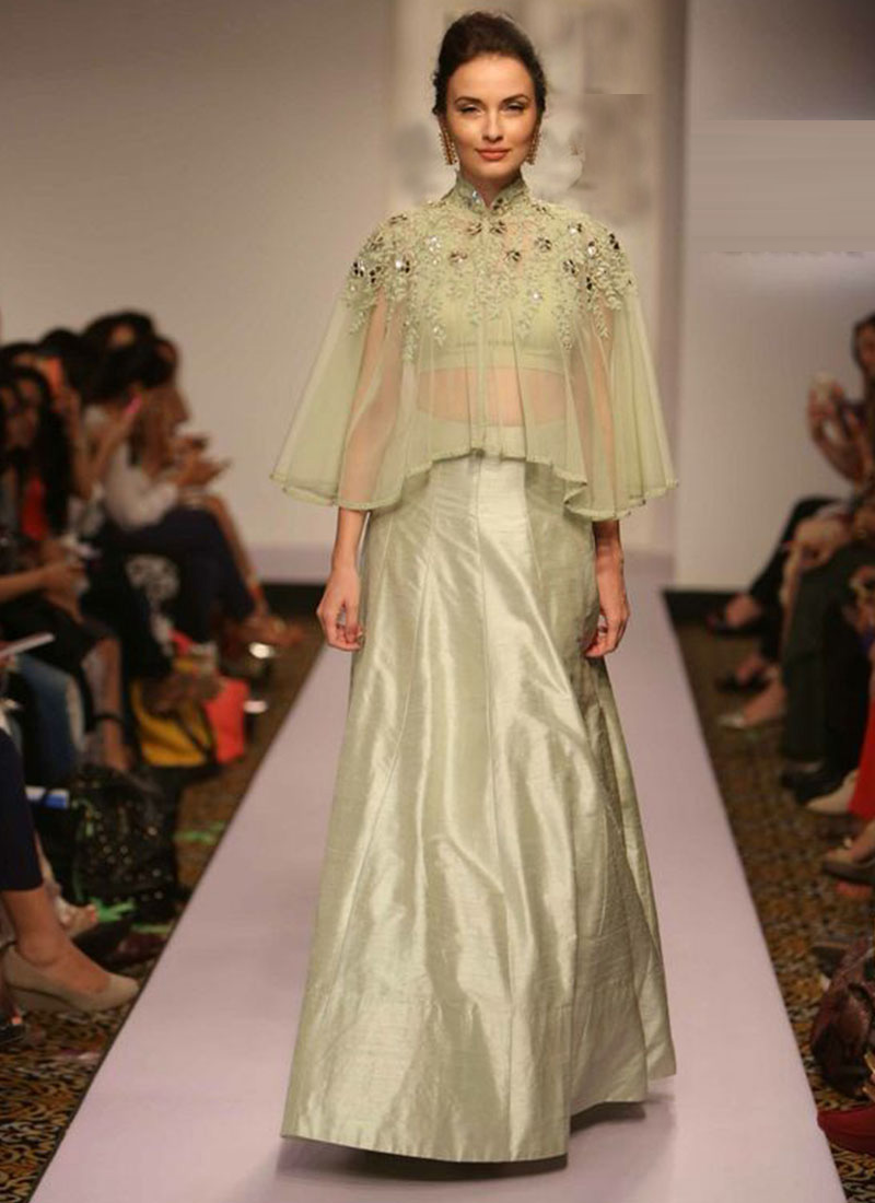 Mint Colour Paerty Wear Cape Style Lehenga Choli at Zikimo