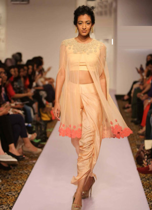 Peach Colur Dhoti Salwar Kameez With Fusion Drape Dupatta at Zikimo