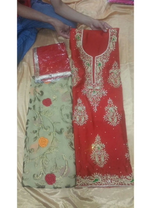 Red Multicolor dupiun with Georgette Punjabi Boutique Salwar Kameez at Zikimo