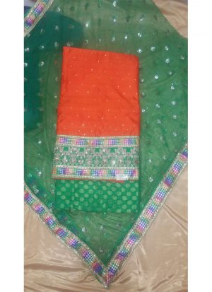Orange Green Charlie Silk Punjabi Salwar Kameez With Green Net Dupatta at Zikimo