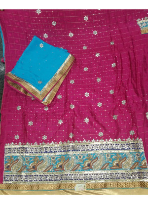 Magenta Blue Embroidered Crape Punjabi Salwar Kameez at Zikimo