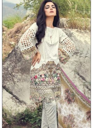 White7012 Printed Glace Cotton With Embroidered Pakistani Indian Suit at Zikimo