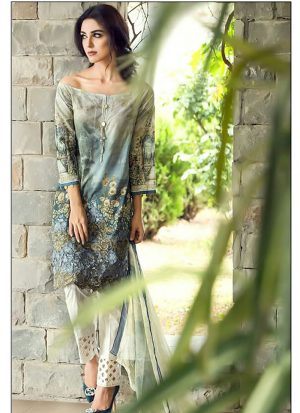 Grey and SkyBlue7015 Printed Glace Cotton With Embroidered Pakistani Indian Suit at Zikimo
