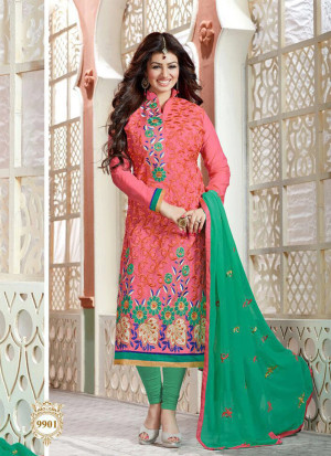 DullPink and Green9901 Embroidered Cotton Silk Chanderi Straight Suit at Zikimo