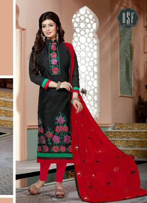 Black and Red9903 Embroidered Cotton Silk Chanderi Straight Suit at Zikimo