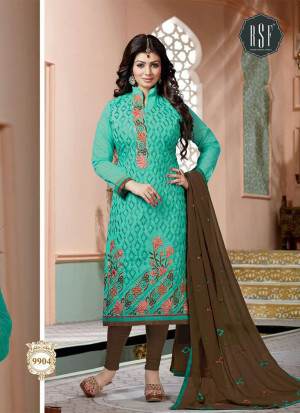SpingGreen and Brown9904 Embroidered Cotton Silk Chanderi Straight Suit at Zikimo