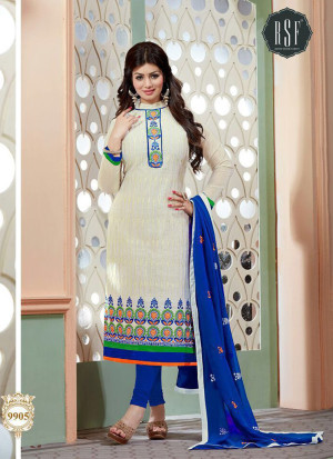 White and NavyBlue9905 Embroidered Cotton Silk Chanderi Straight Suit at Zikimo