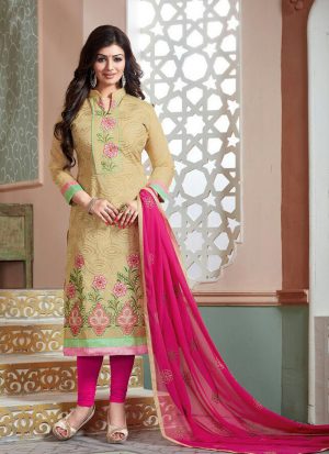 Beige and PinkMagenta9907 Embroidered Cotton Silk Chanderi Straight Suit at Zikimo
