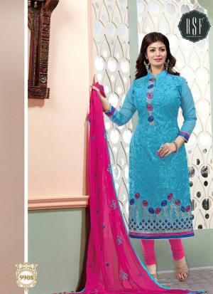 FiroziBlue and Magenta9908 Embroidered Cotton Silk Chanderi Straight Suit at Zikimo