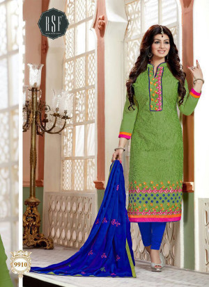 OliveGreen and Magenta9910 Embroidered Cotton Silk Chanderi Straight Suit at Zikimo