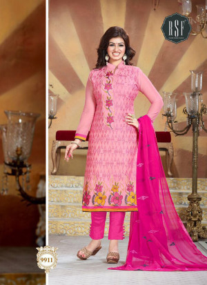 Pink and PinkMagenta9911 Embroidered Cotton Silk Chanderi Straight Suit at Zikimo