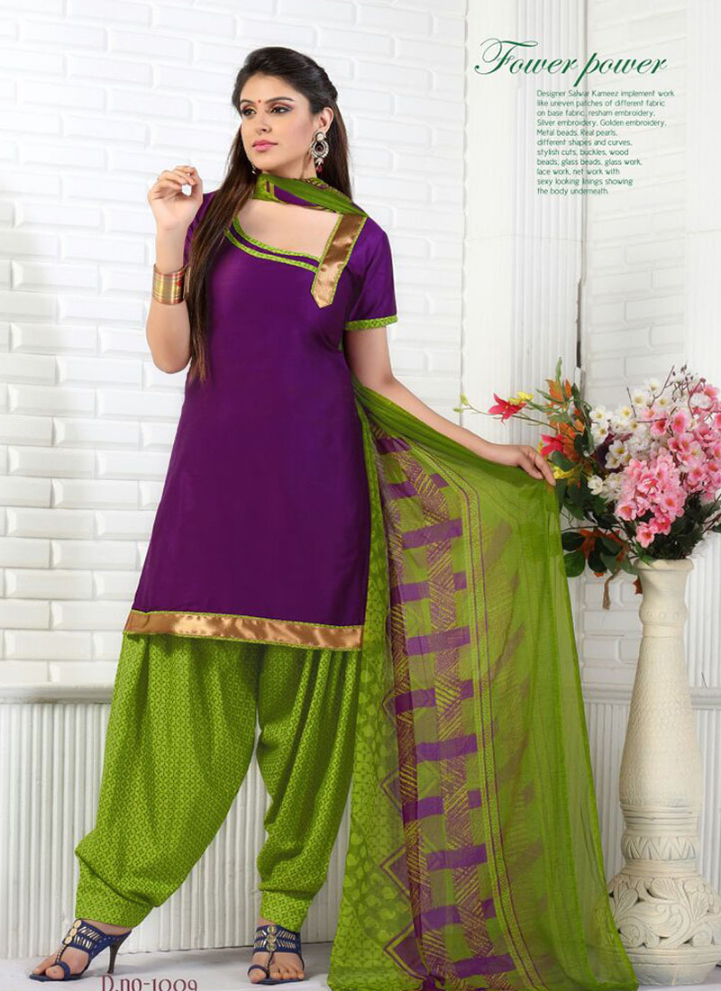 Purple and GreenYellow1009 Glace Cotton Daily Wear Patiyala Suit