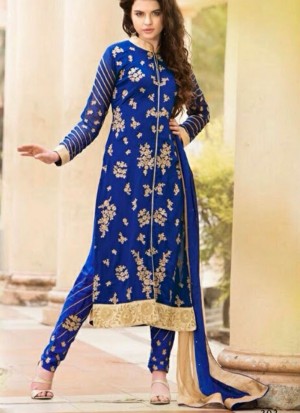 Blue Georgette Full Embroidered Frontcut Leggi Pants Suits at Zikimo