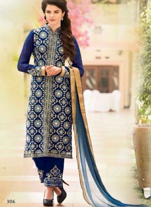DarkBlue Georgette Full Embroidered Frontcut Leggi Pants Suits at Zikimo