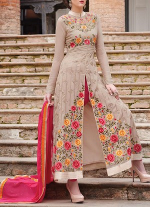 Grey Pink Floral Embroidery WeddingParty Frontcut Suit at Zikimo