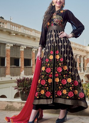 Black Floral Embroidery WeddingParty Frontcut Anarkali Suit at Zikimo