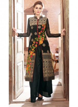 Black Floral Embroidery WeddingParty Frontcut Suit at Zikimo