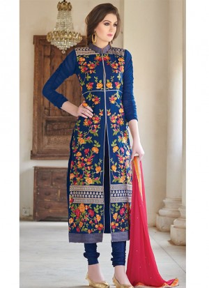 Blue Pink Floral Embroidery WeddingParty Frontcut Suit at Zikimo