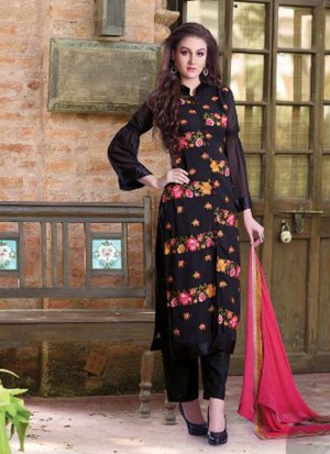 Black Pink Floral Embroidery WeddingParty Frontcut Suit at Zikimo